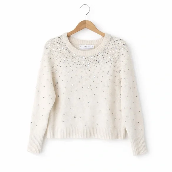 ZARA Cream Beaded and subtle silver accents Knit Sweater Fits S-M Soft sparcle. - Picture 2 of 6